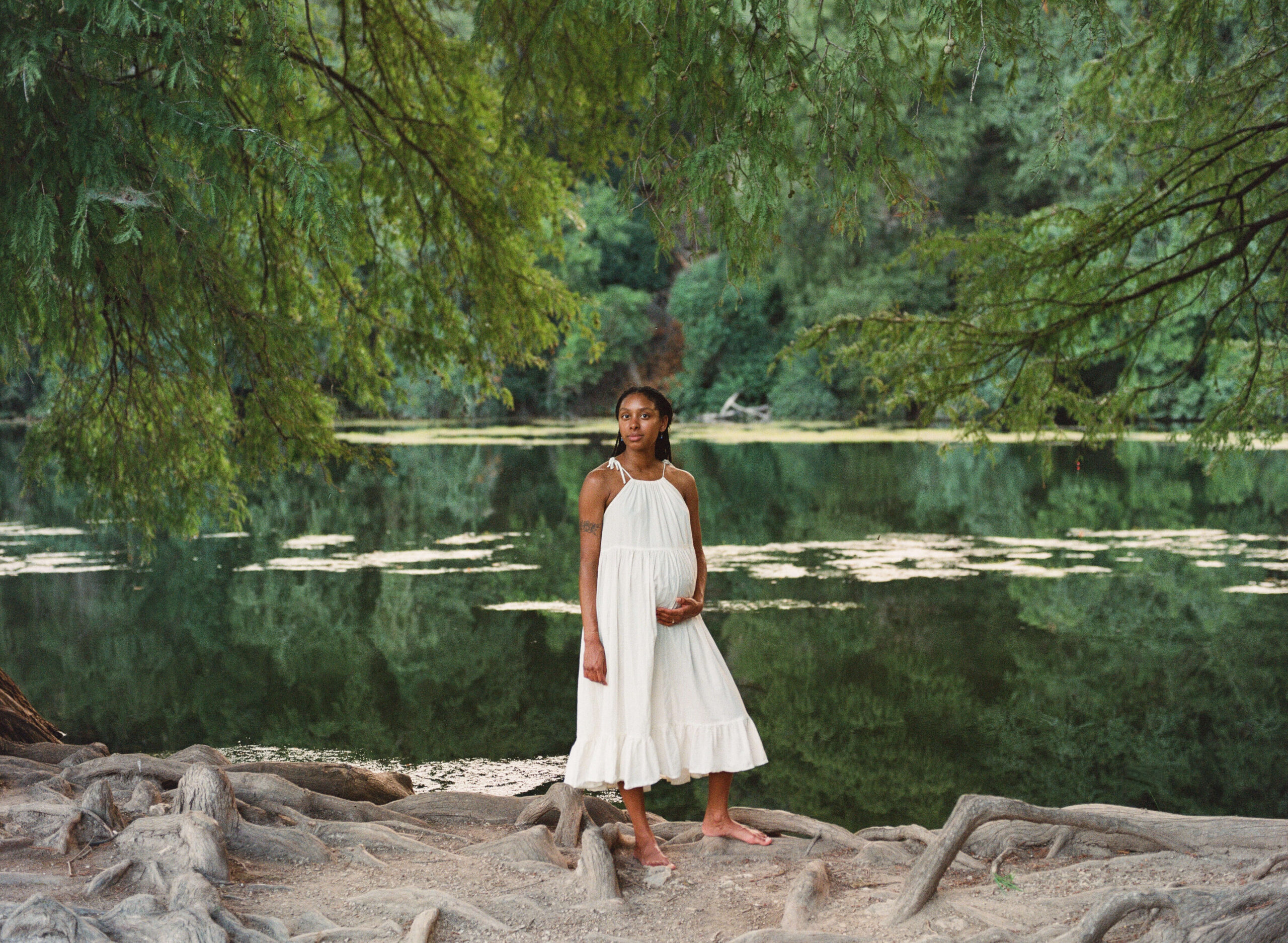 film maternity photographer Redbud Park Austin Texas white linen analog film portraits